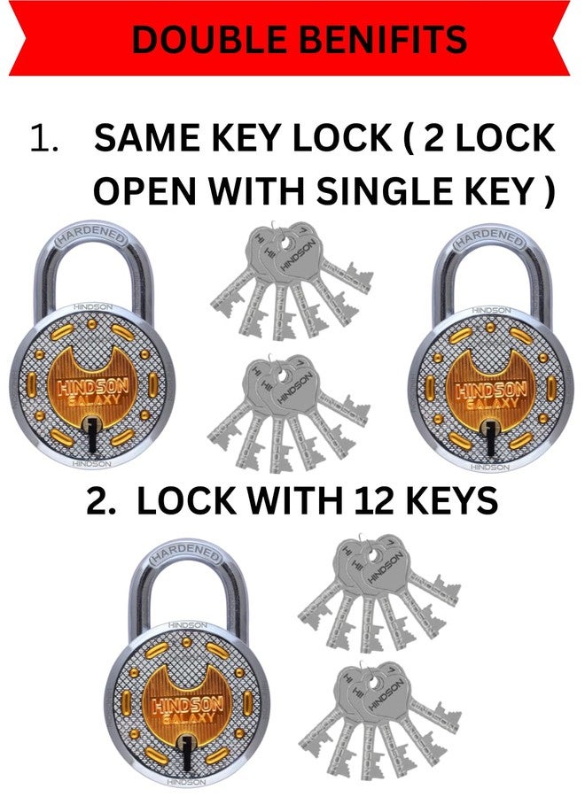 Hindson Same Key Galaxy 65mm Padlock | 2 Heavy Duty Padlocks with 12 Common Keys | Strong Metal Body Locks with Double Locking & 8-Lever Mechanism for Home, Gate, Shutter & Shop Security - Image 3